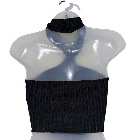 New XS‎ Black High Neck Sleeveless Turtleneck Ribbed Drip Hem Crop Triangle Top - Picture 5 of 5